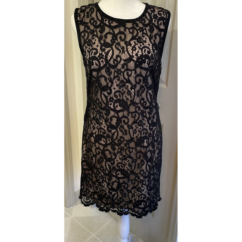 LOFT Black Lace Overlay Dress Size 4 Lined‎ Whimsigoth Sleeveless Keyhole Neck